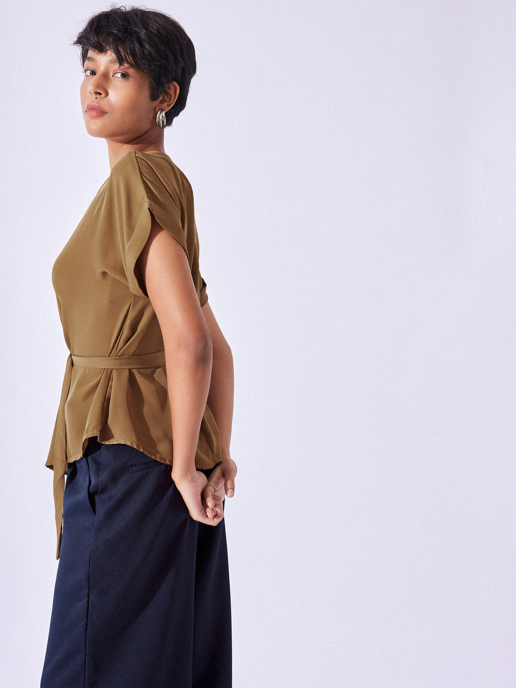 Tan Brown Buckle Belted Peplum Top