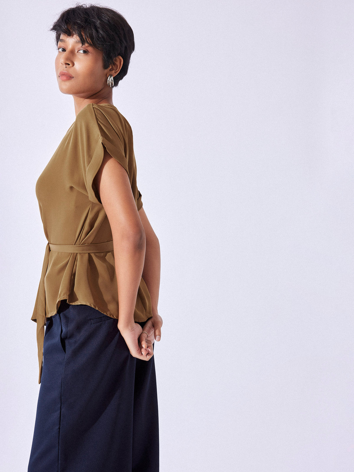 Tan Brown Buckle Belted Peplum Top
