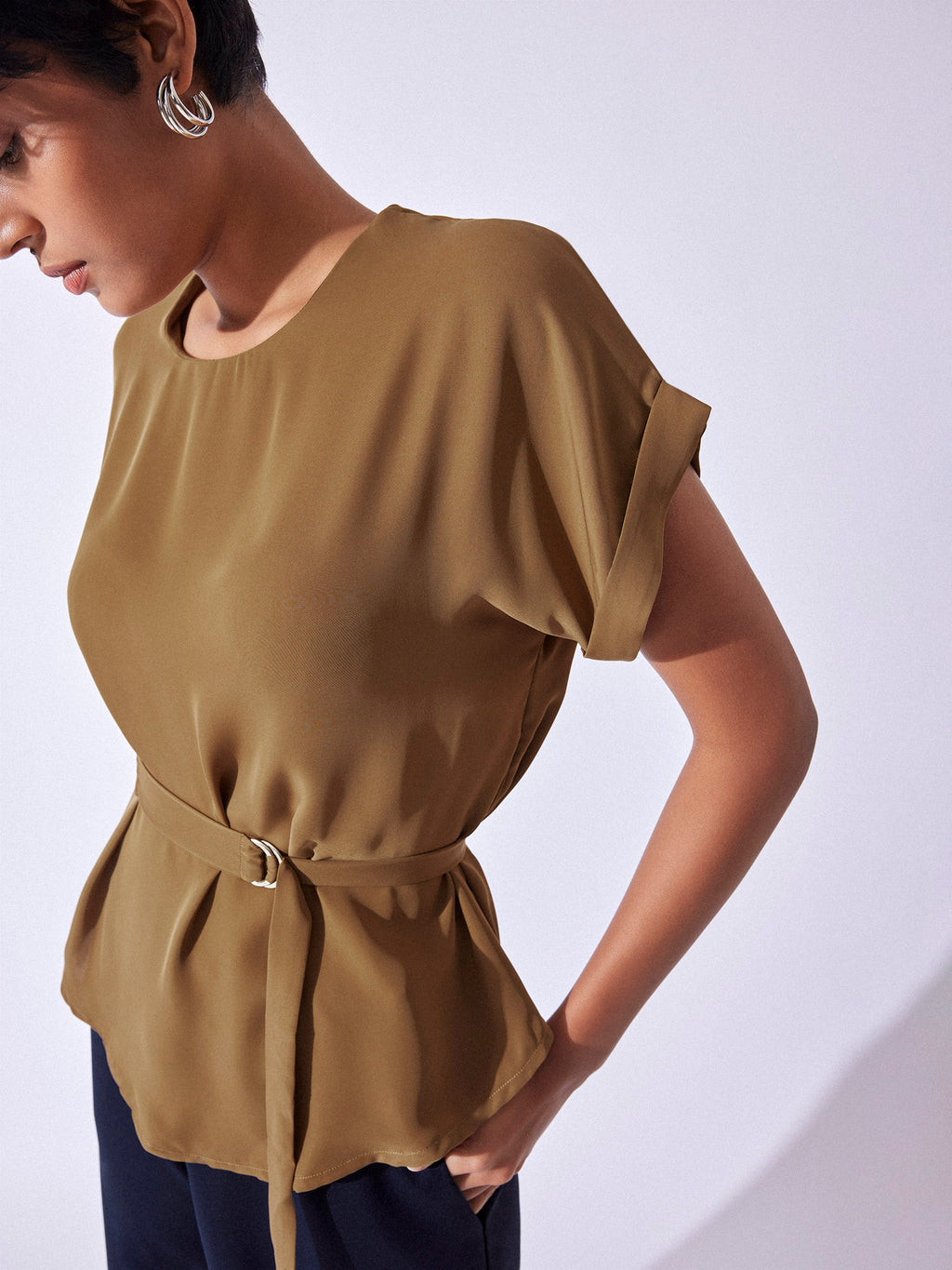 Tan Brown Buckle Belted Peplum Top