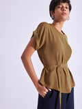 Tan Brown Buckle Belted Peplum Top