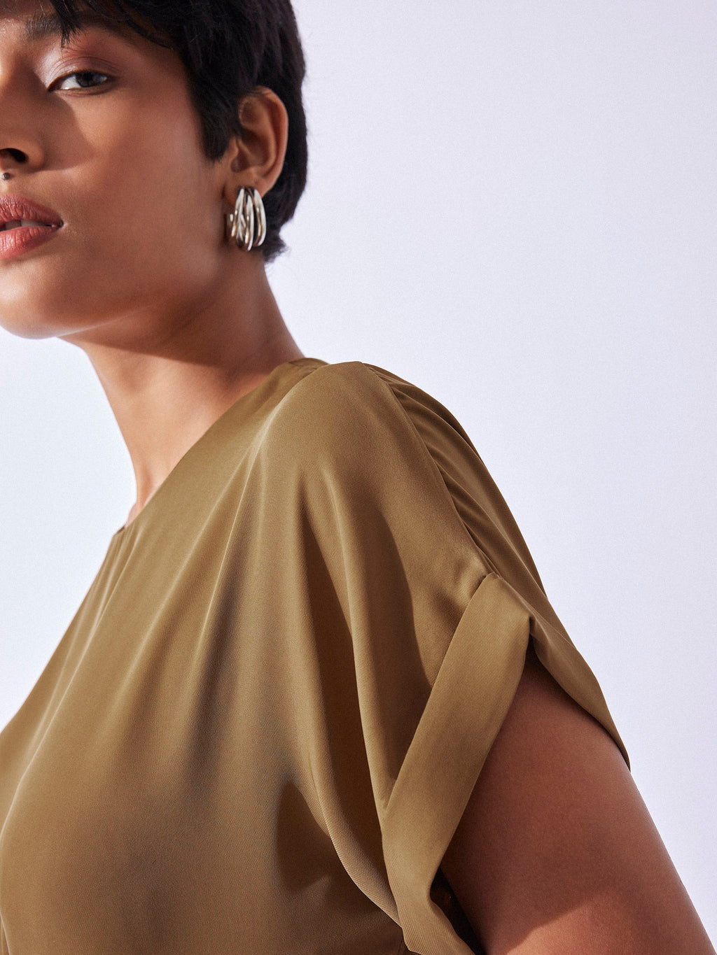 Tan Brown Buckle Belted Peplum Top
