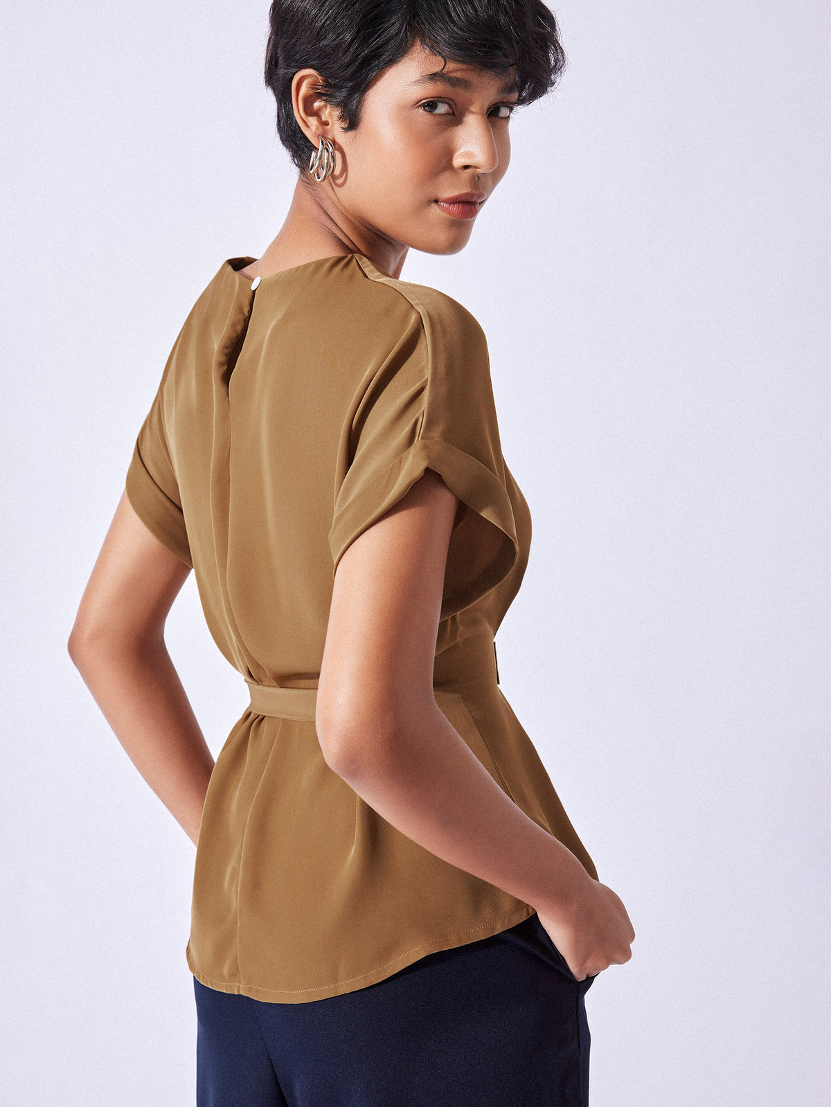 Tan Brown Buckle Belted Peplum Top