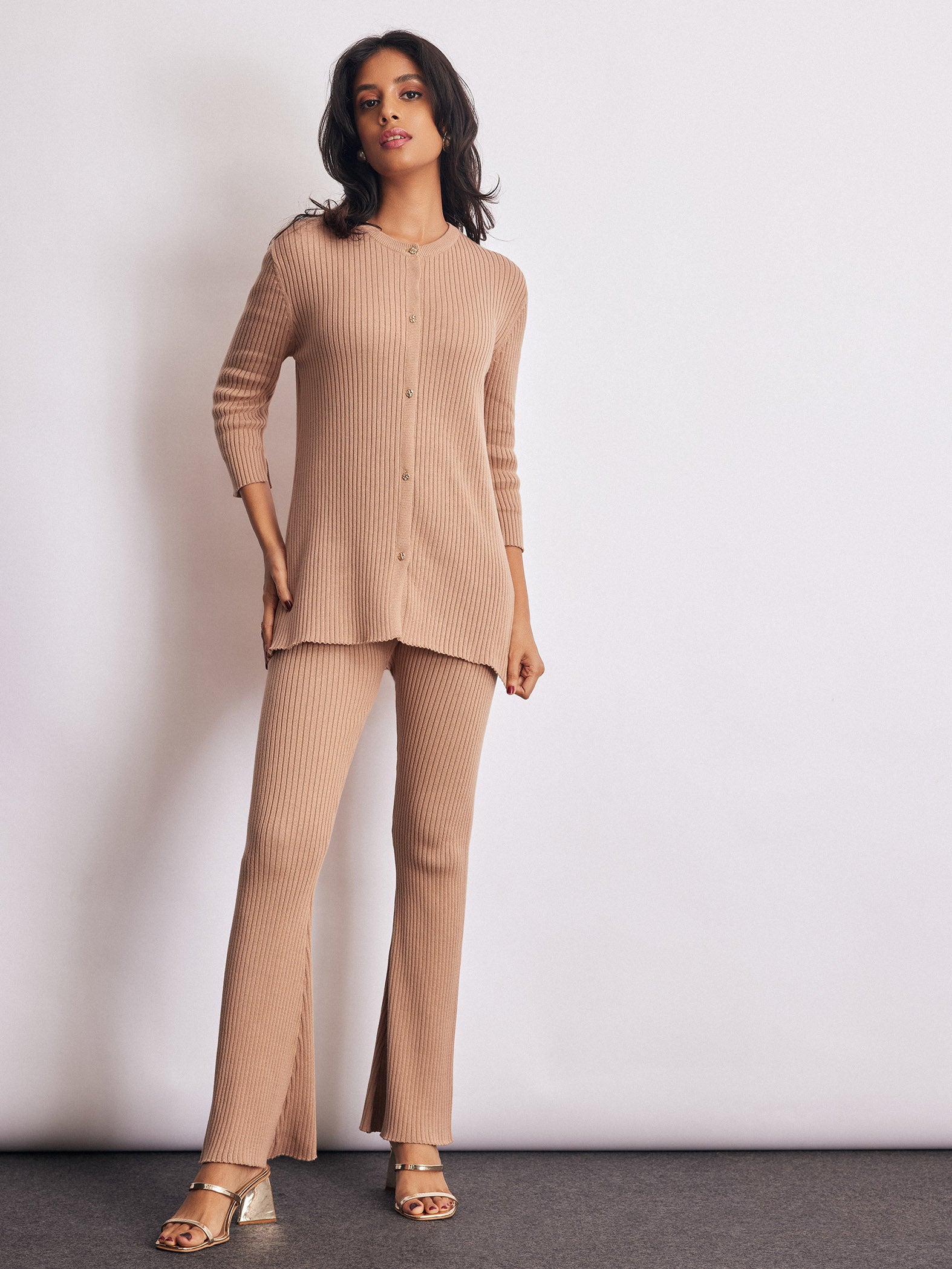 Taupe Knit High Waist Pant