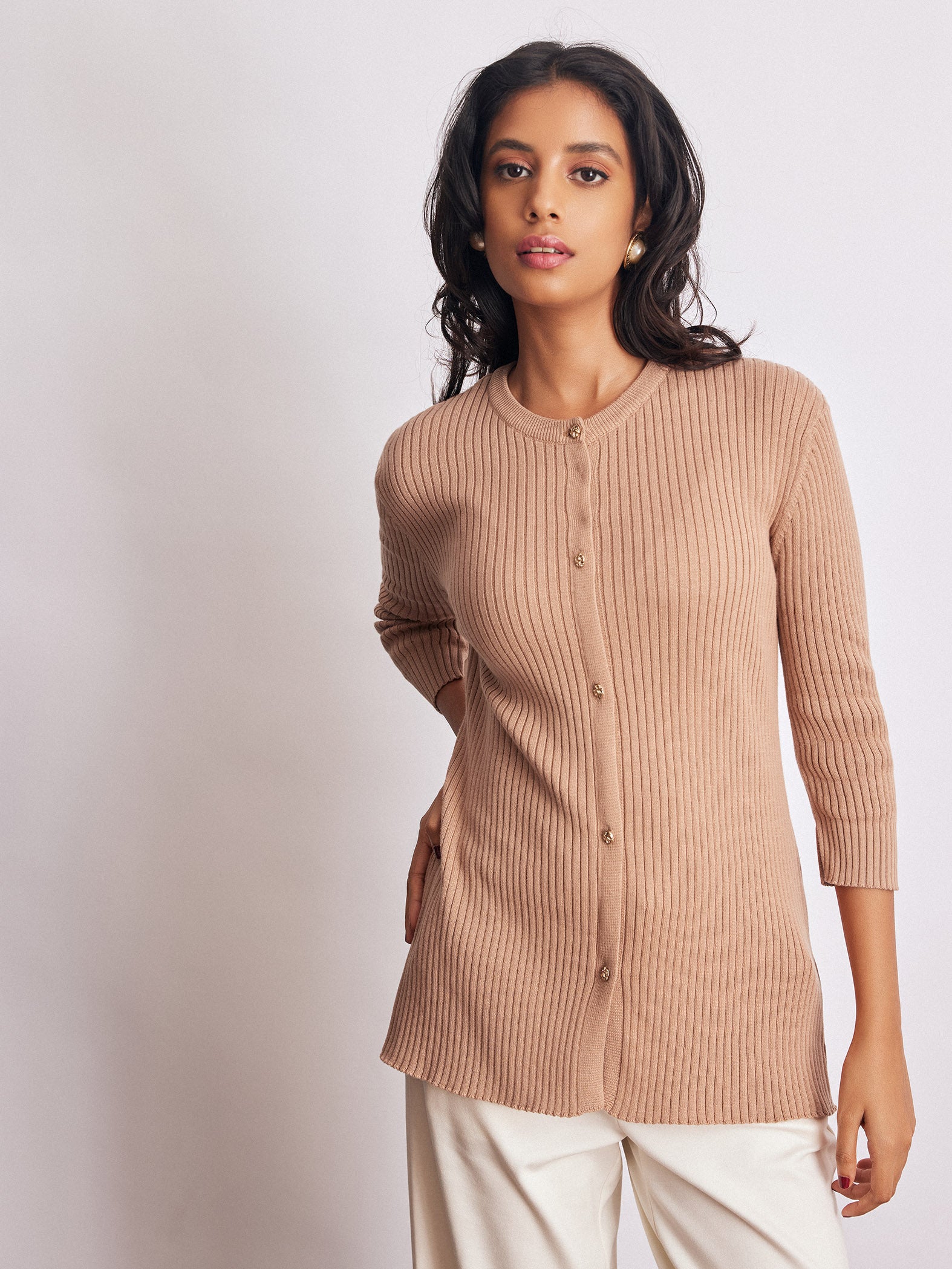 Taupe Knit Slit Sleeve Top