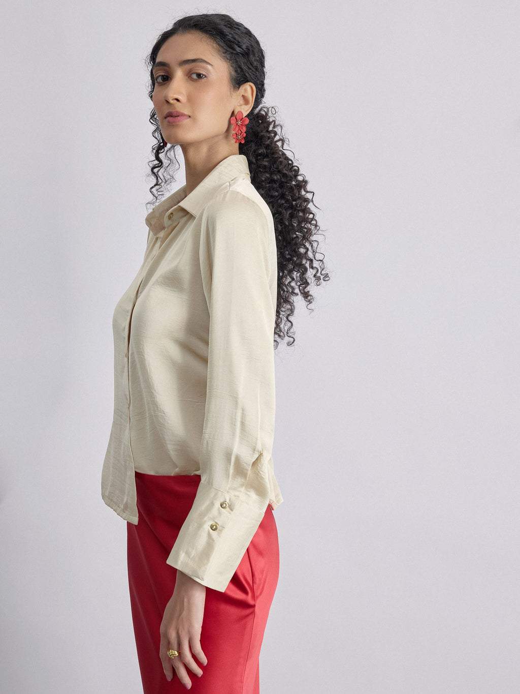Vanilla Satin Side Ruched Shirt