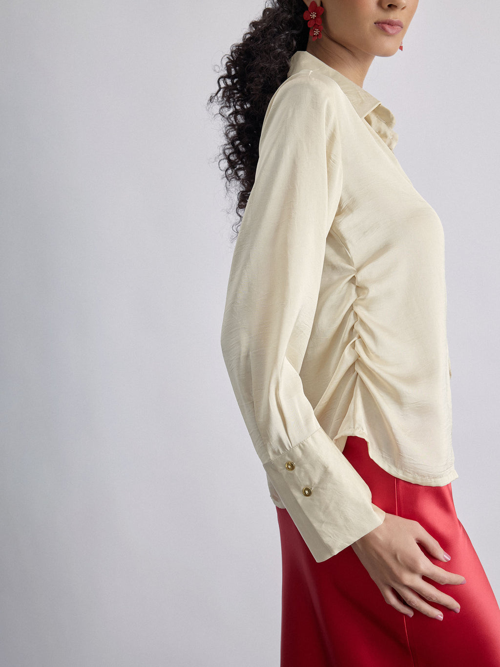 Vanilla Satin Side Ruched Shirt