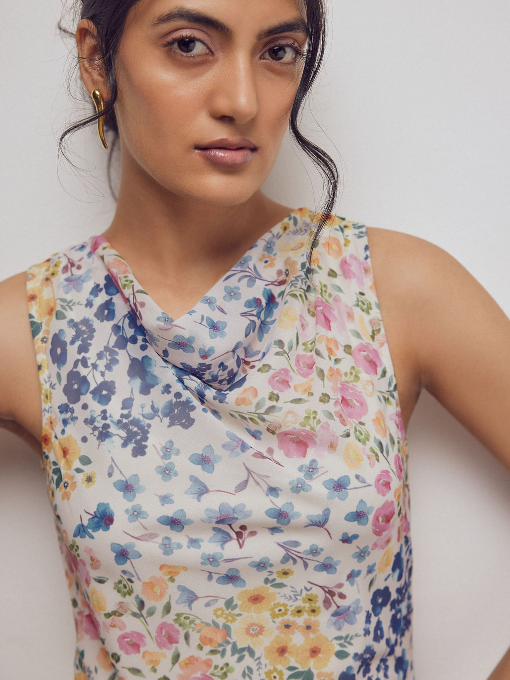 Watercolour Floral Cowl Neck Dress