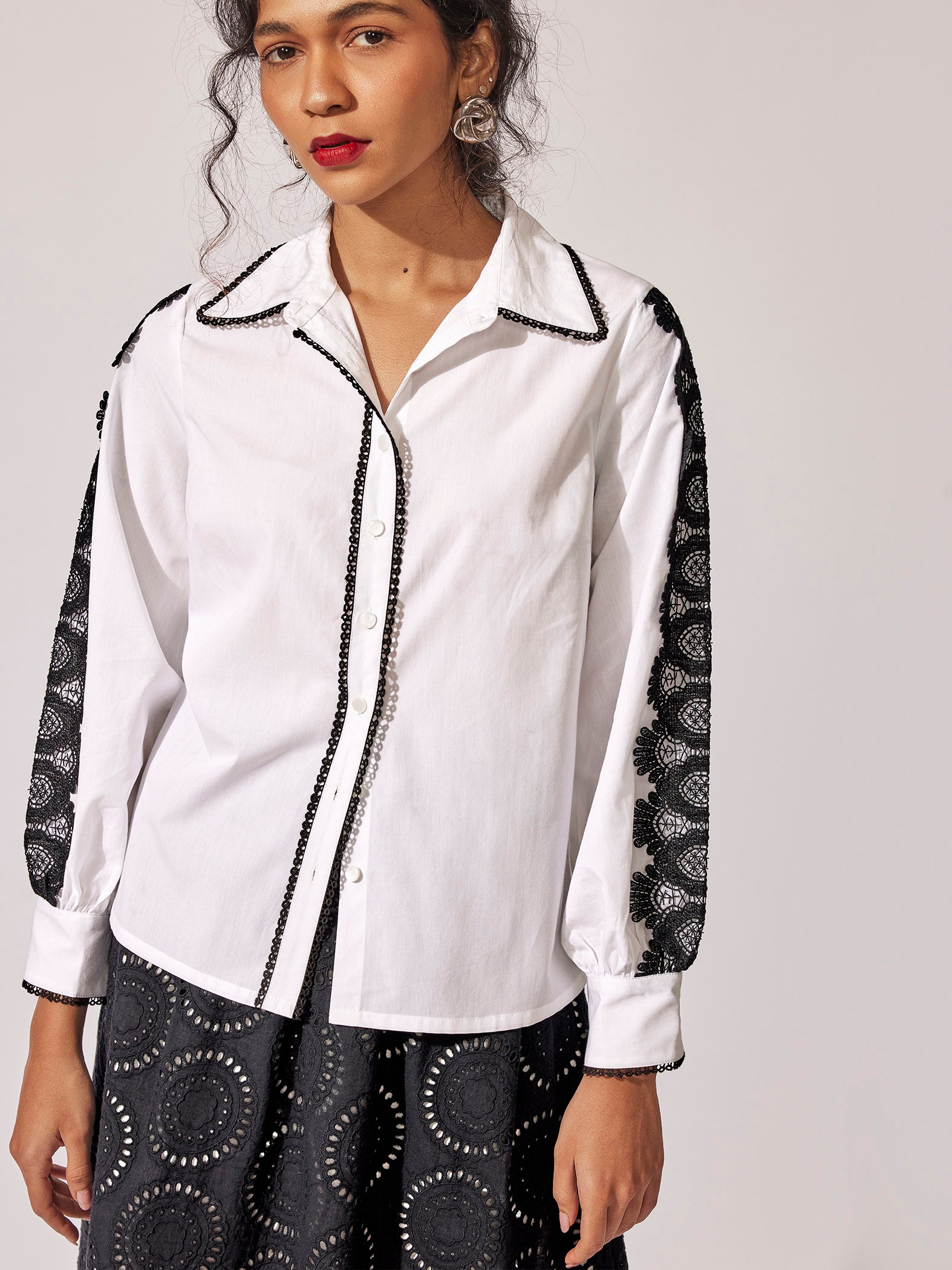 White Contrast Lace Detail Shirt