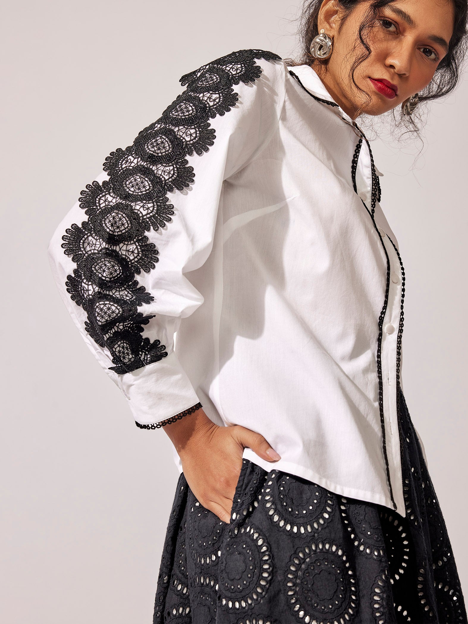 White Contrast Lace Detail Shirt