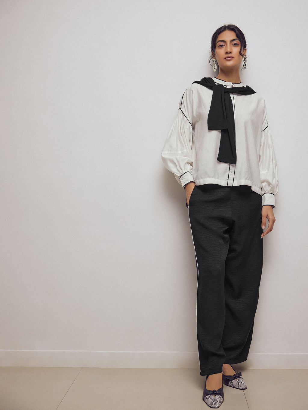 White Contrast Piping Shirt