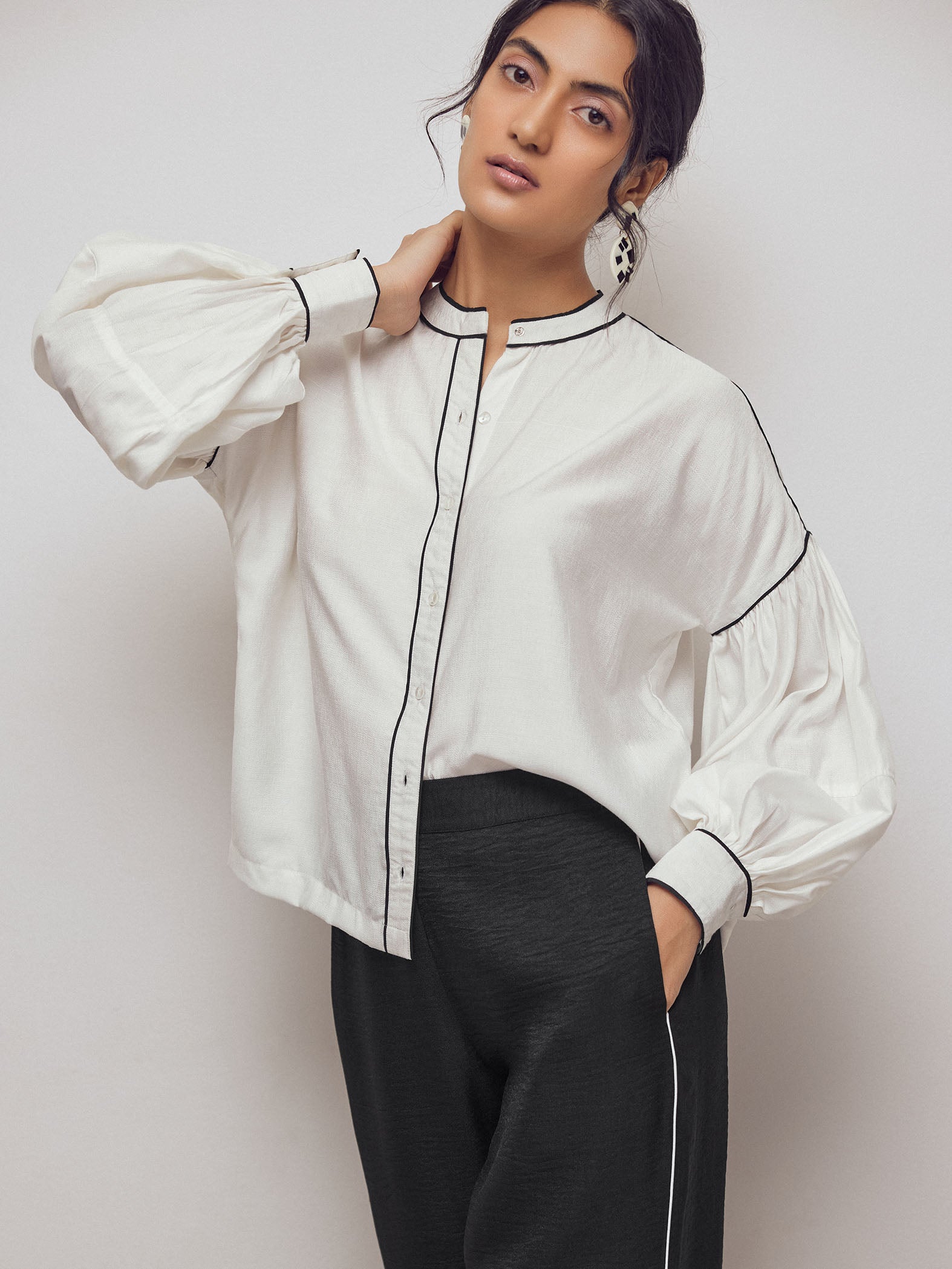 White Contrast Piping Shirt