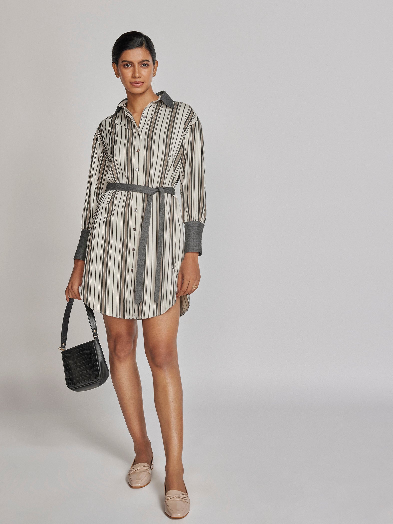 White Contrast Striped Shirt Dress