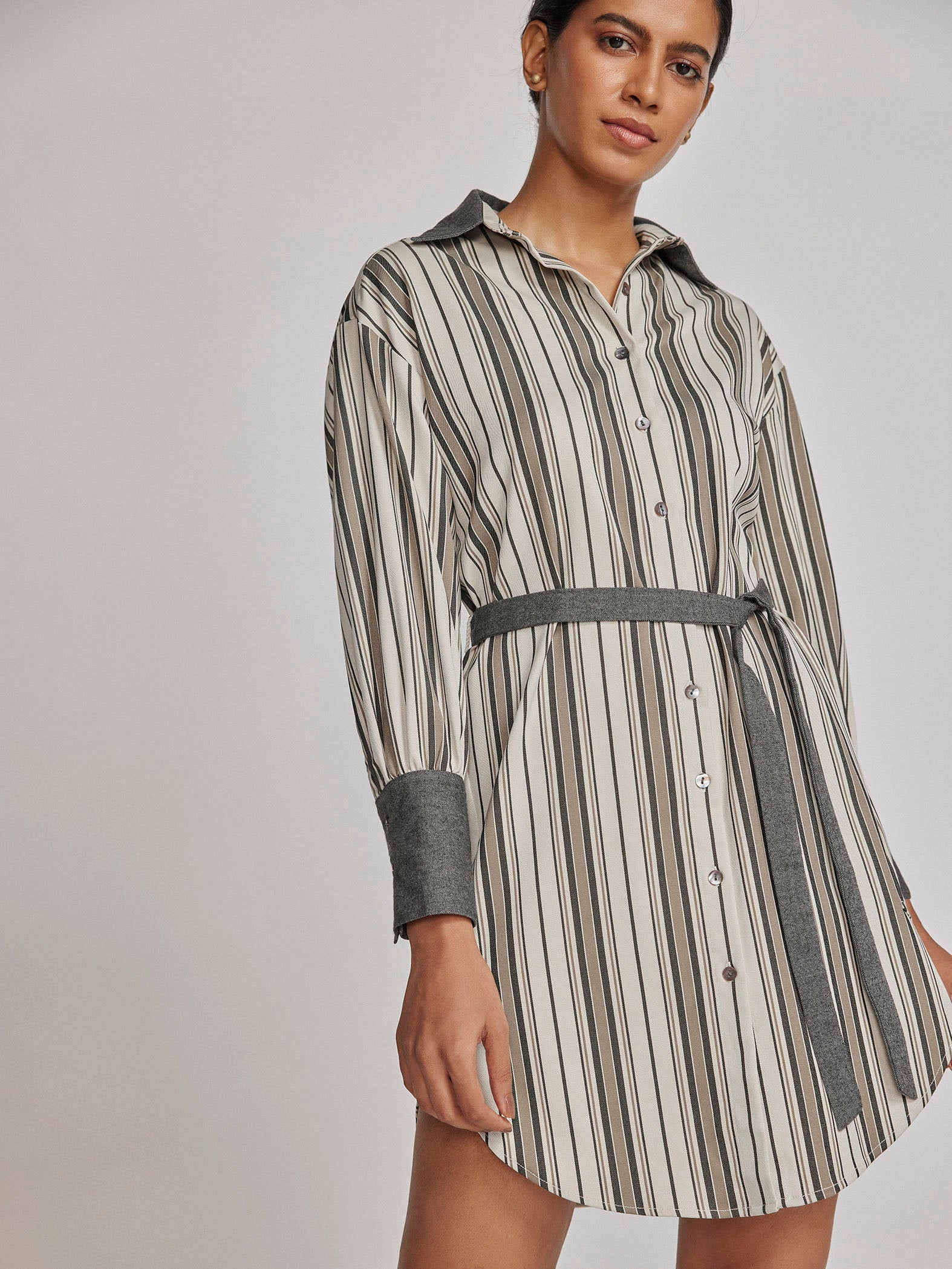 White Contrast Striped Shirt Dress