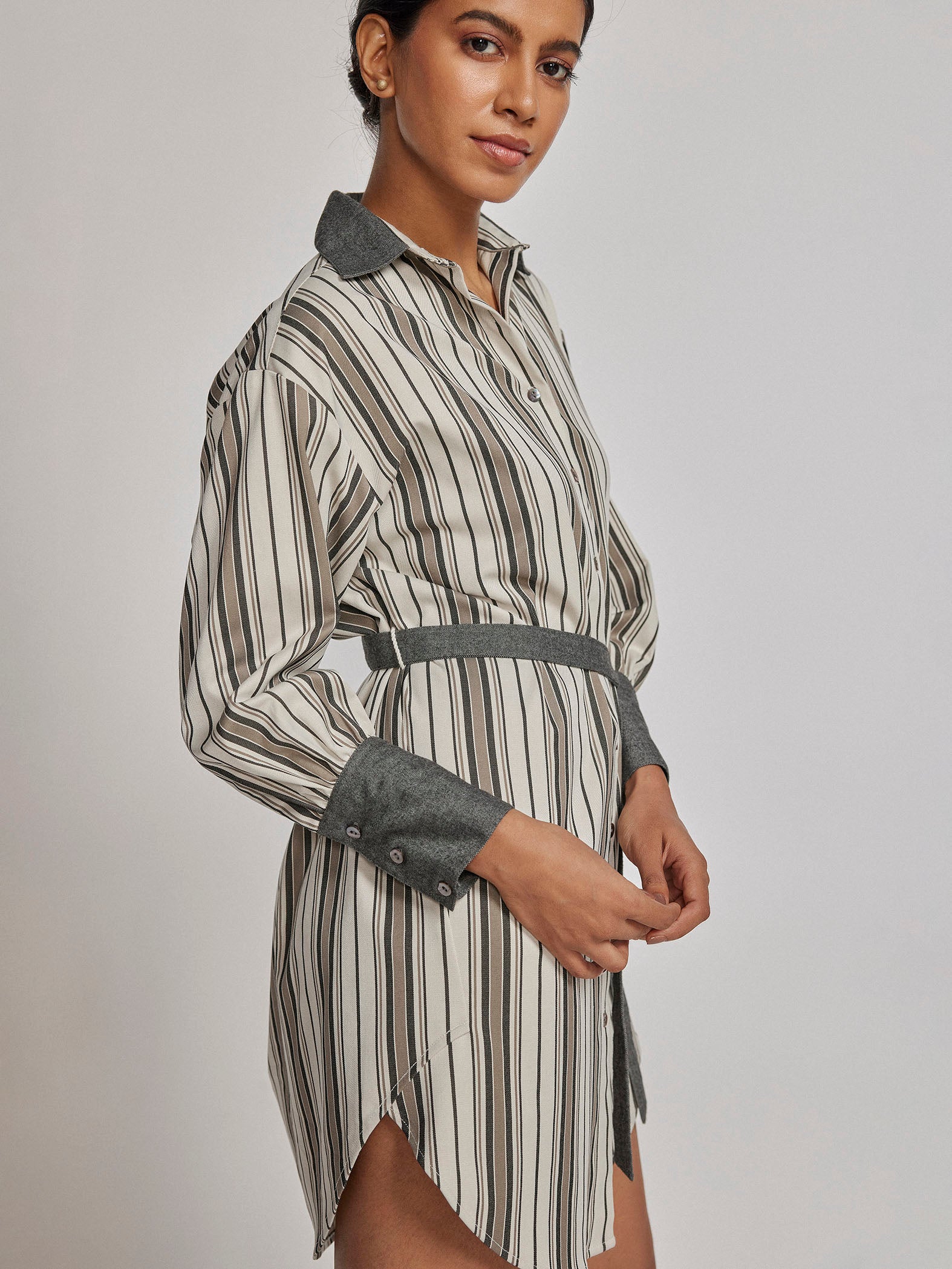 White Contrast Striped Shirt Dress