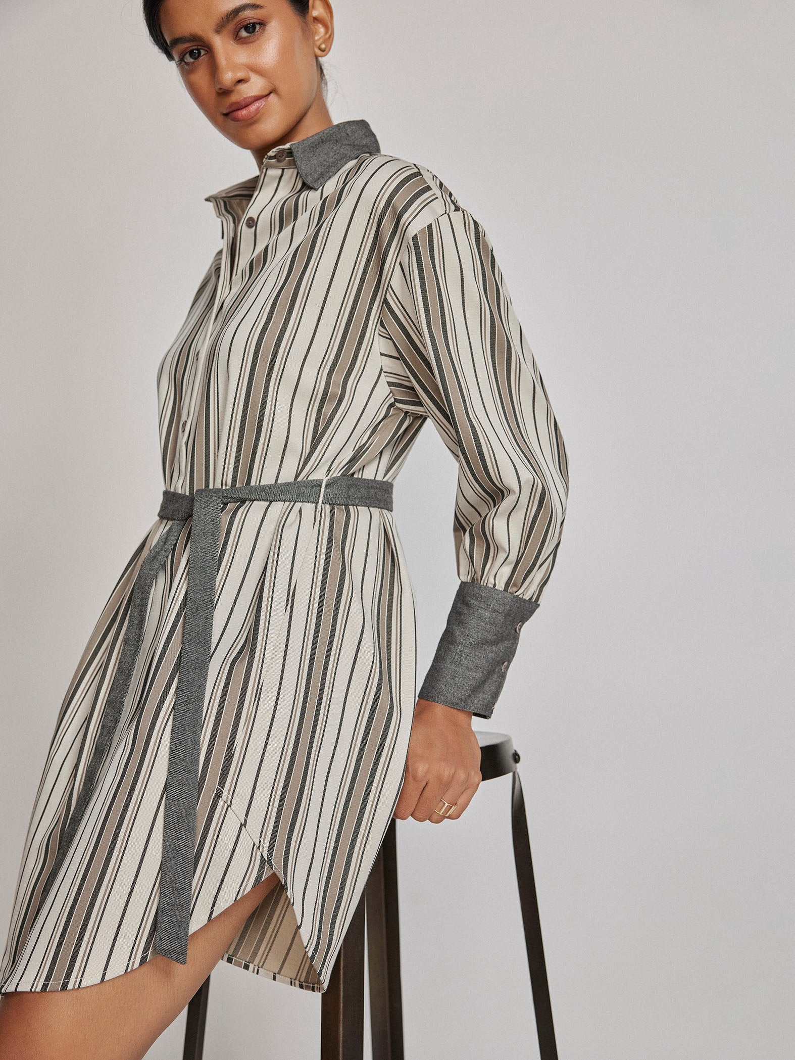 White Contrast Striped Shirt Dress