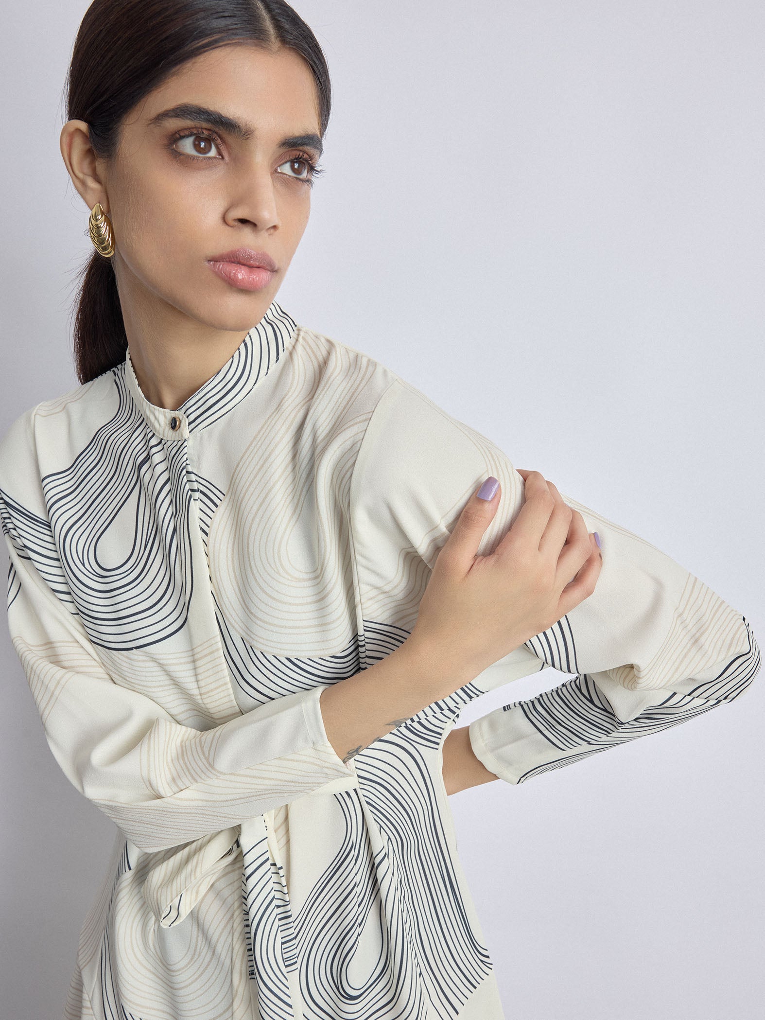 White Groovy Print Front Tie Dress