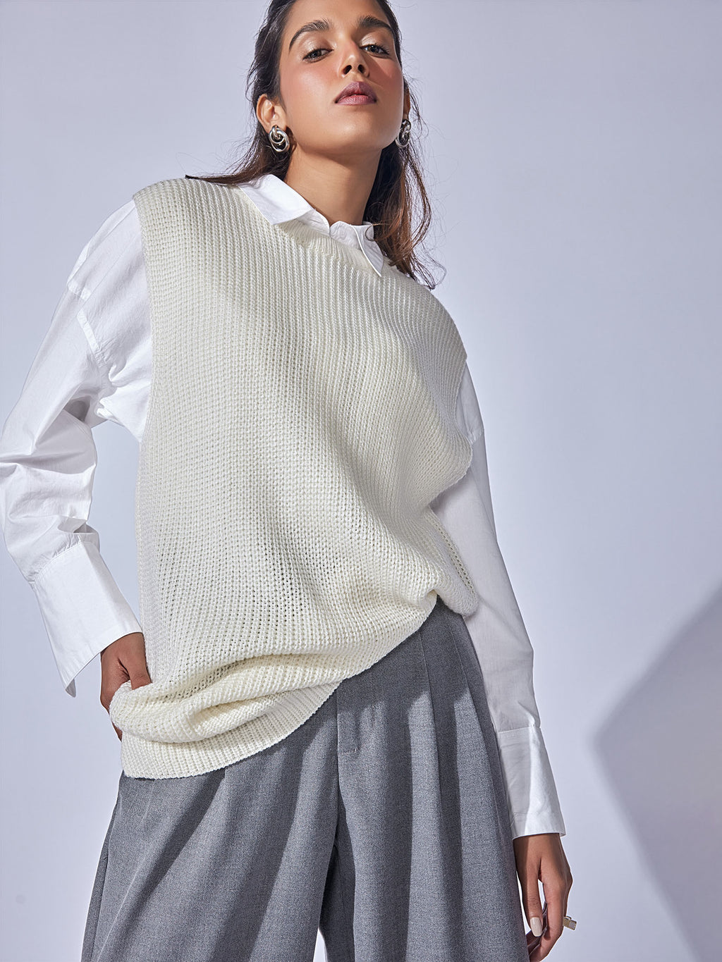 White Knit Side Slit Tank Top