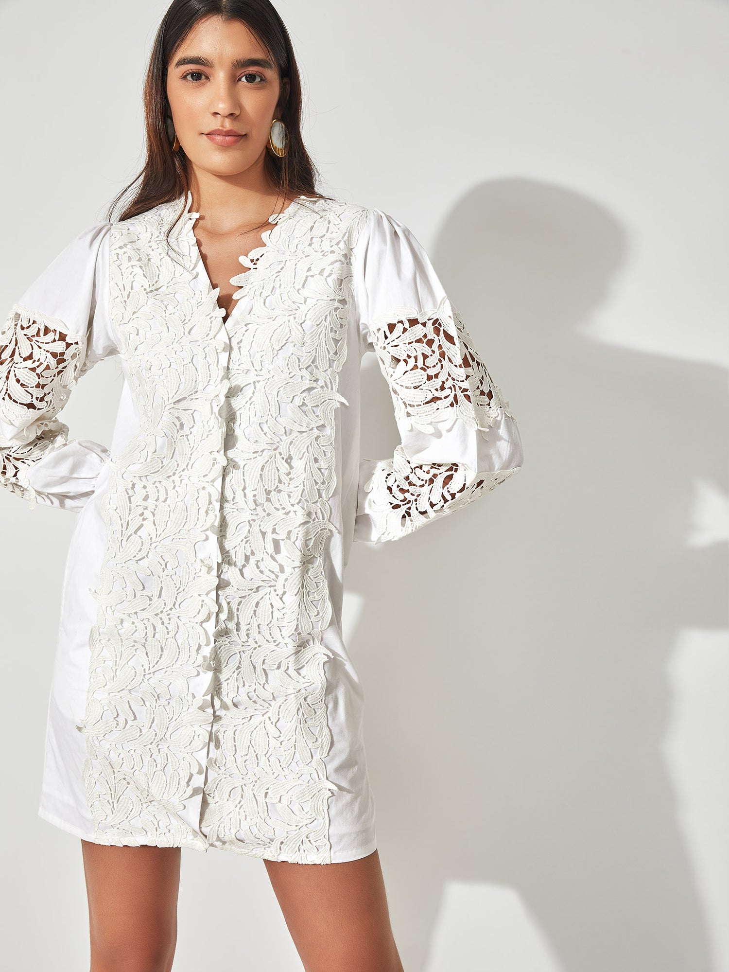 White Lace Detail Shirt Dress