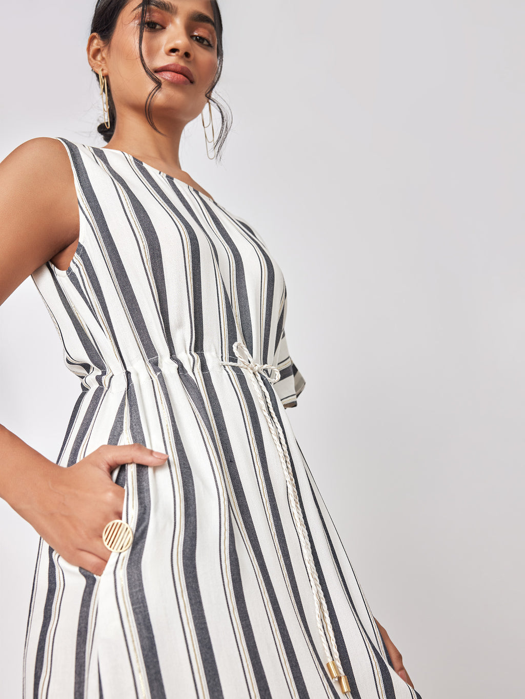 White Striped Kaftan Sleeve Dress