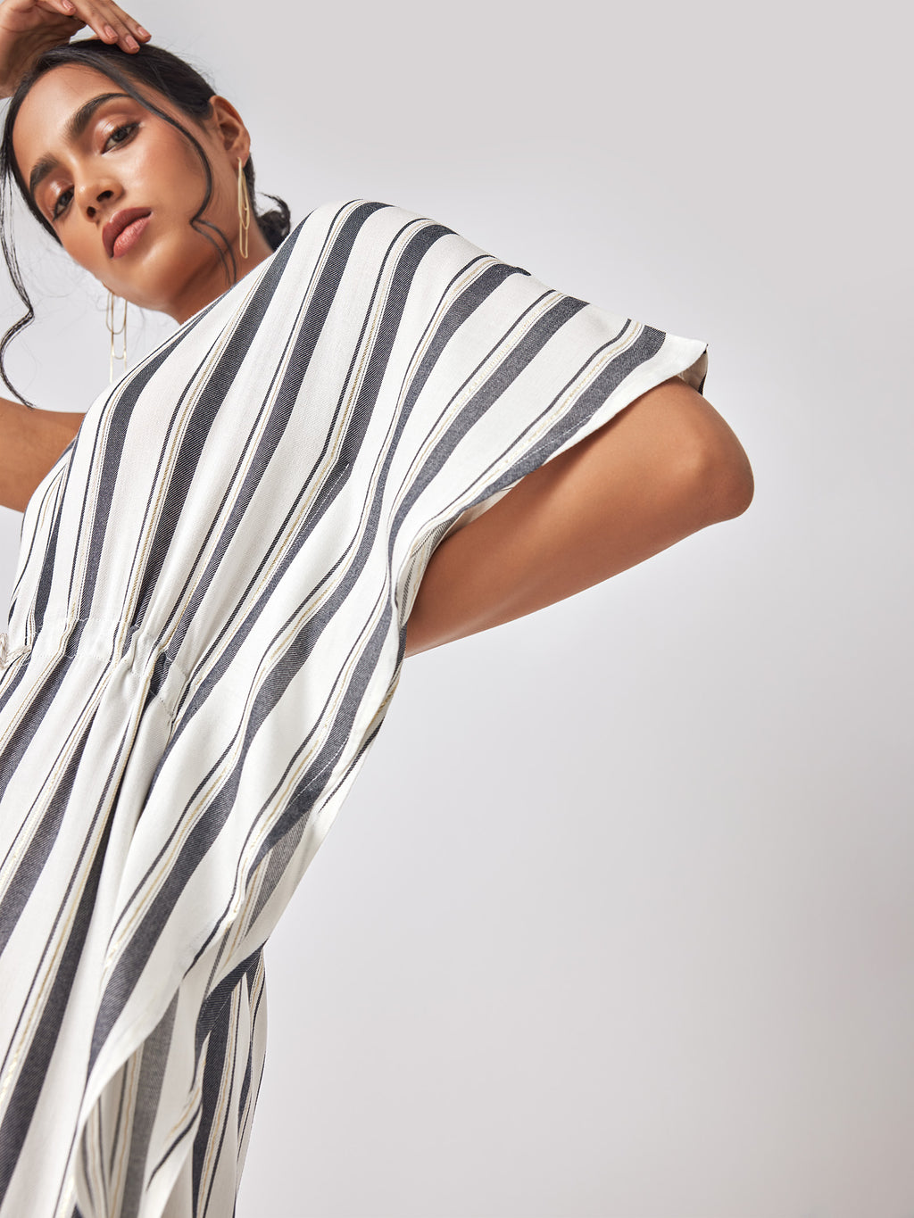 White Striped Kaftan Sleeve Dress
