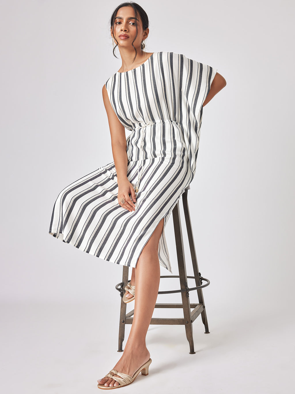 White Striped Kaftan Sleeve Dress