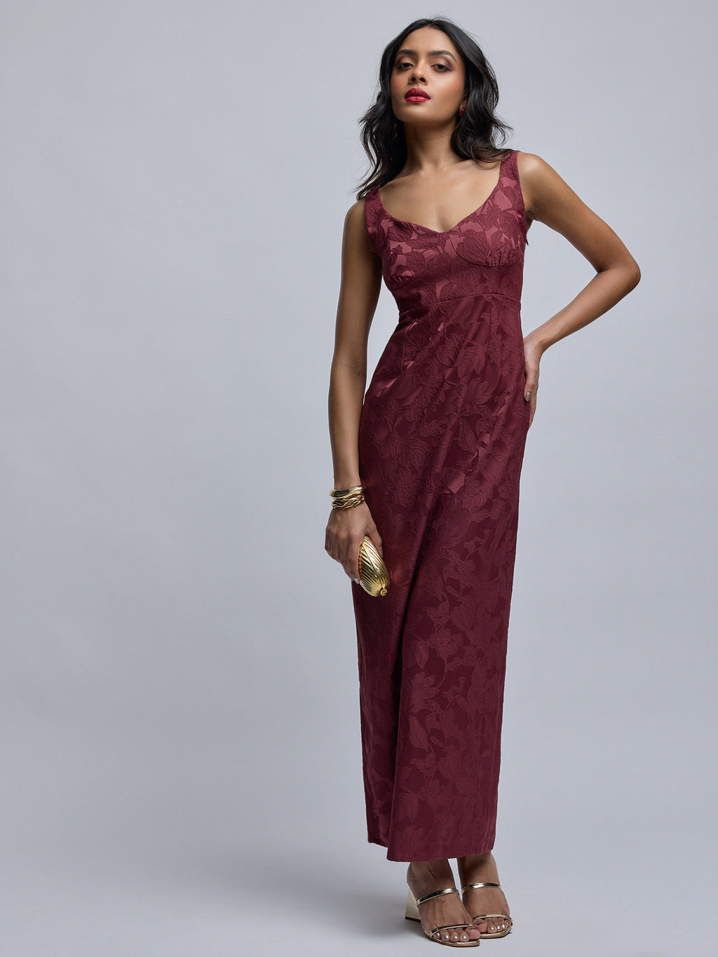 Wine Jacquard Bustier Maxi Dress