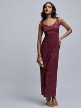 Wine Jacquard Bustier Maxi Dress