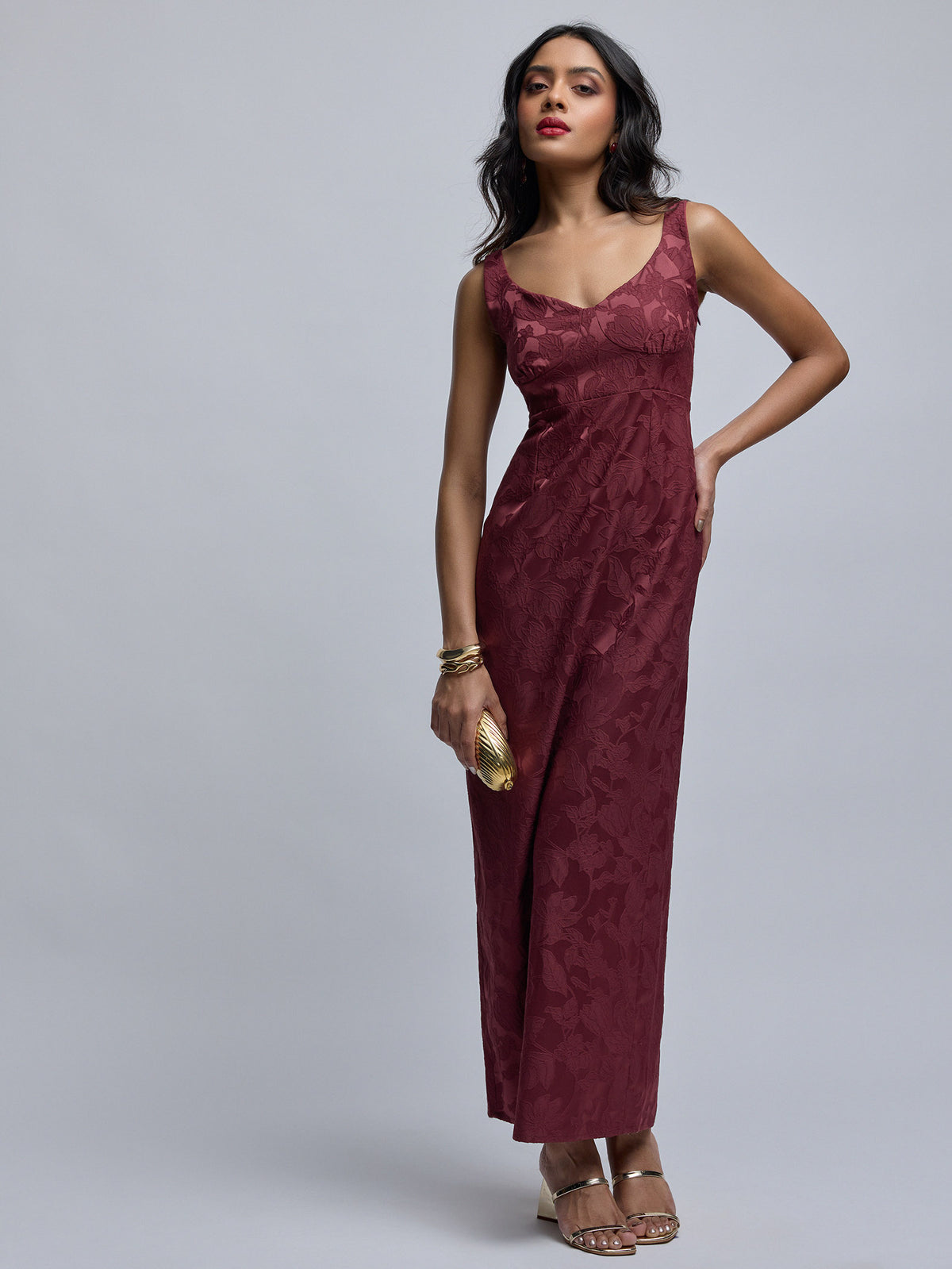 Wine Jacquard Bustier Maxi Dress