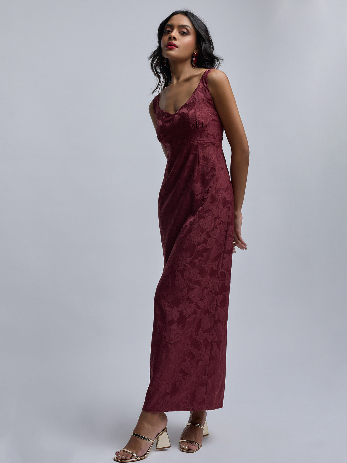 Wine Jacquard Bustier Maxi Dress