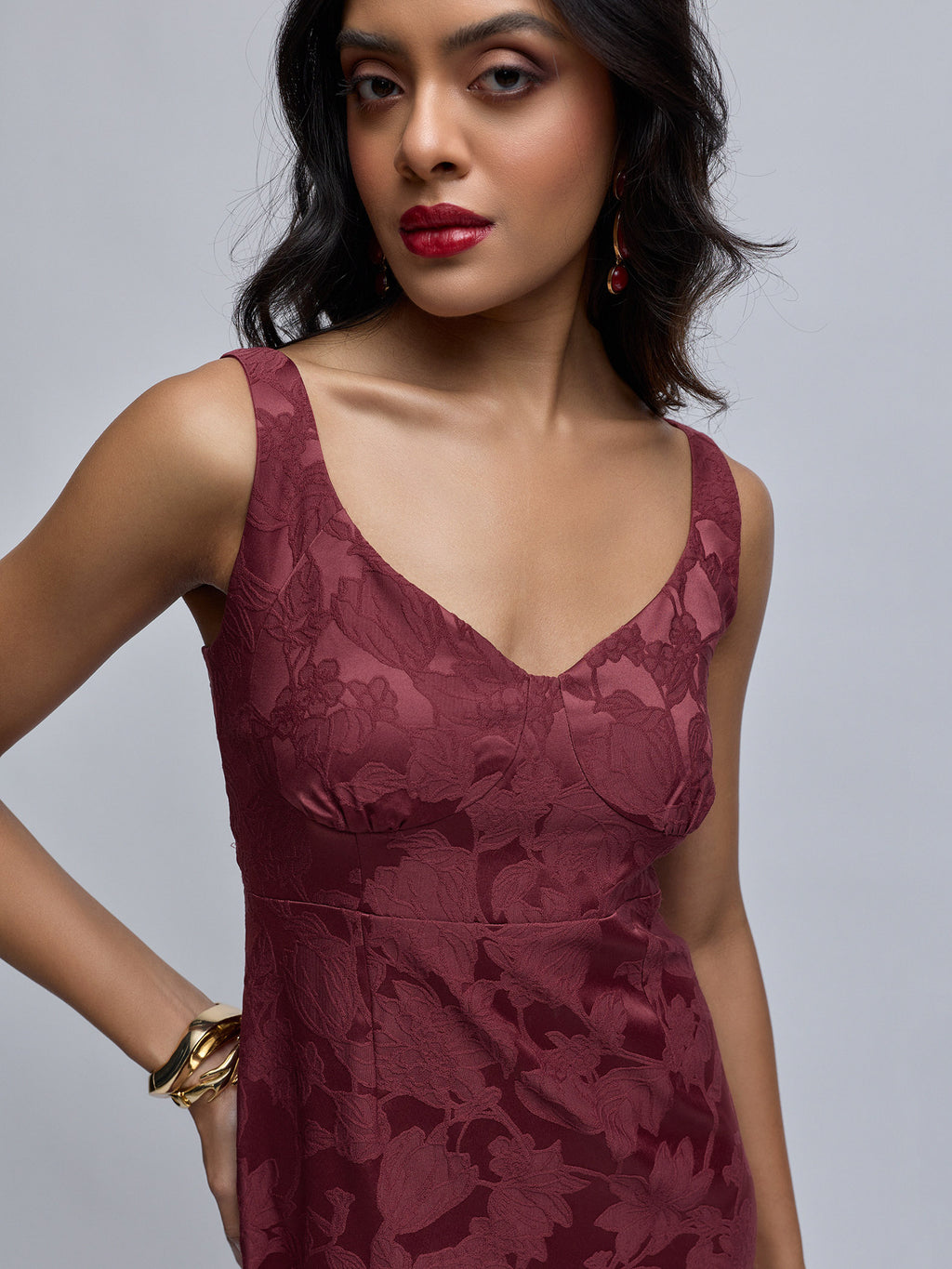 Wine Jacquard Bustier Maxi Dress