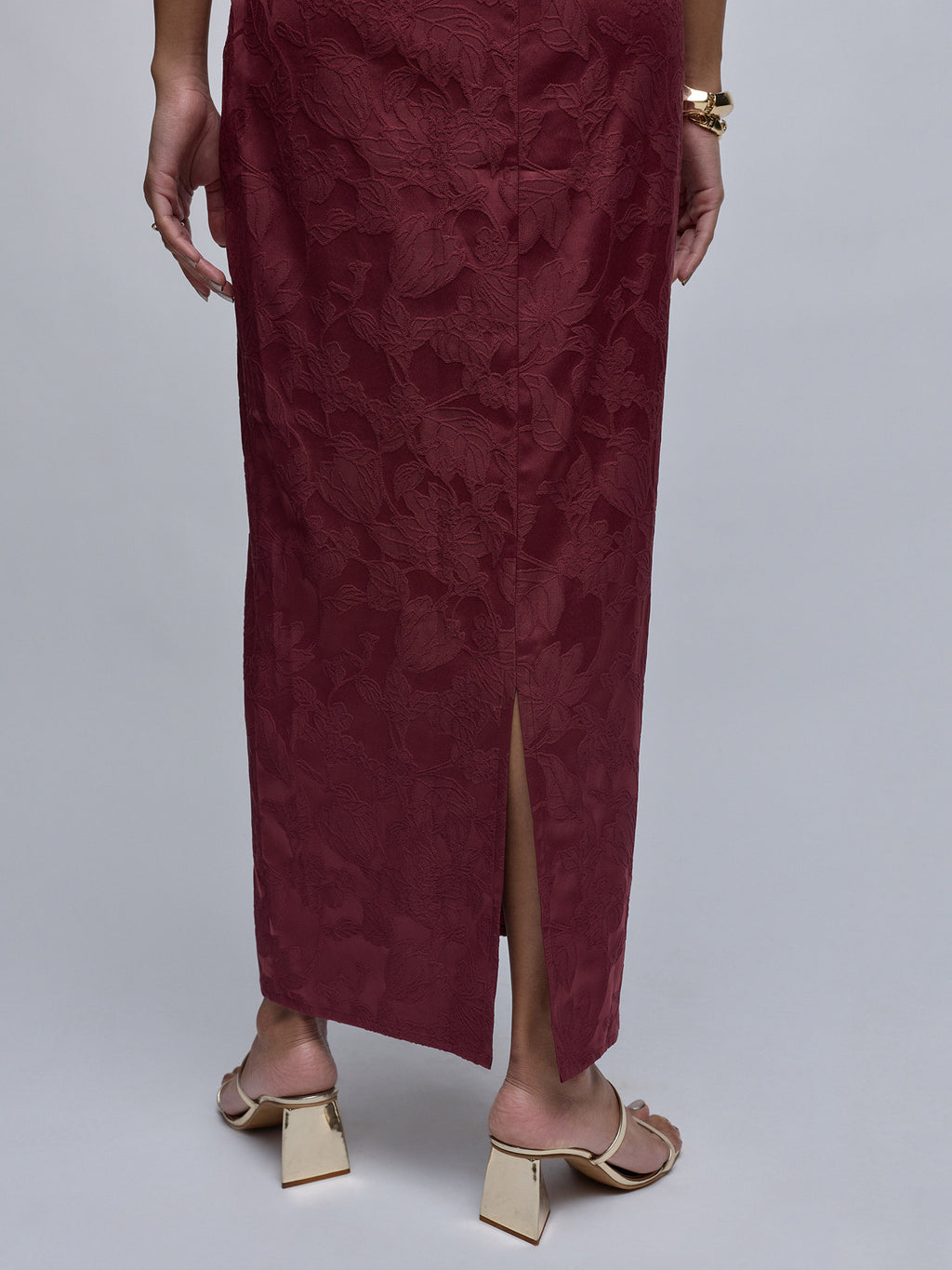 Wine Jacquard Bustier Maxi Dress