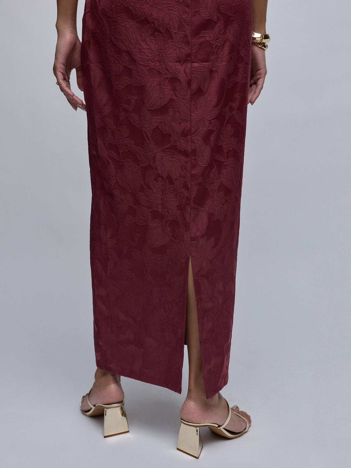 Wine Jacquard Bustier Maxi Dress