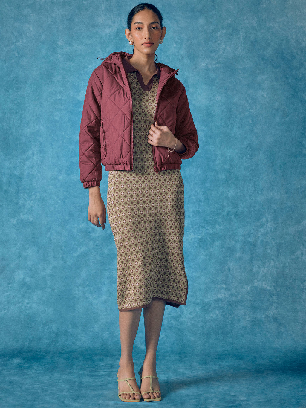 Wine Quilted Hooded Puffer Jacket