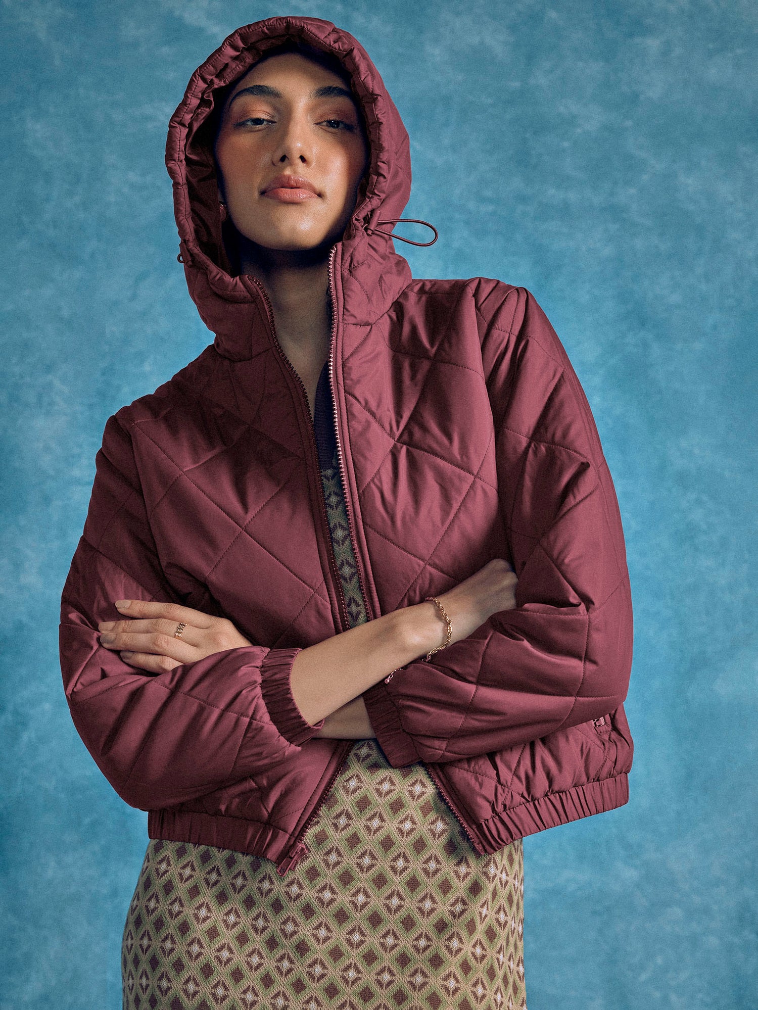 Wine Quilted Hooded Puffer Jacket