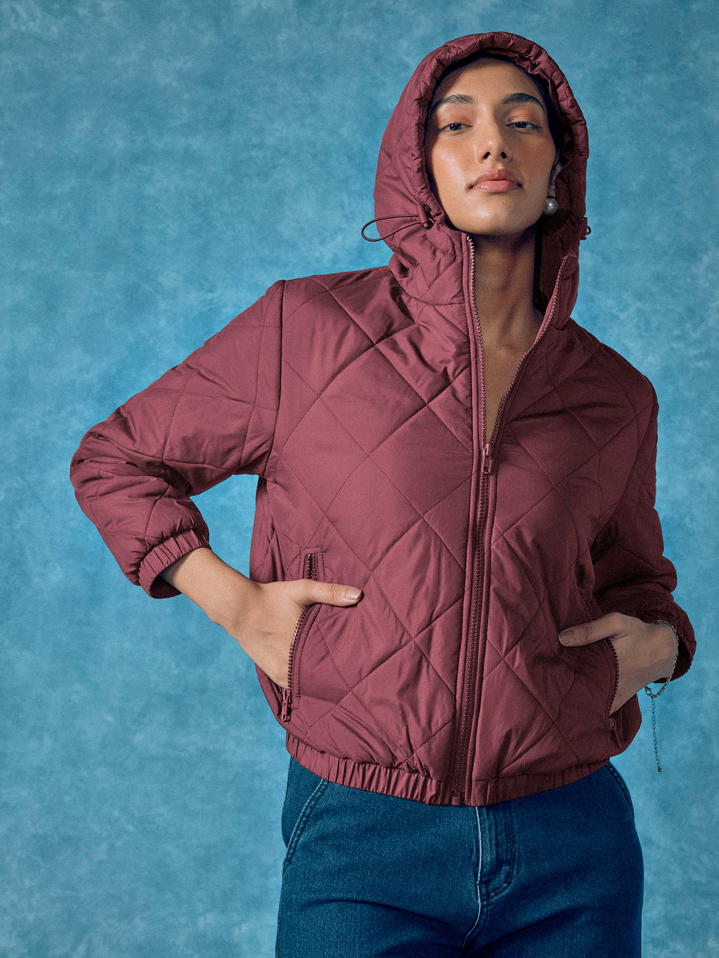 Wine Quilted Hooded Puffer Jacket