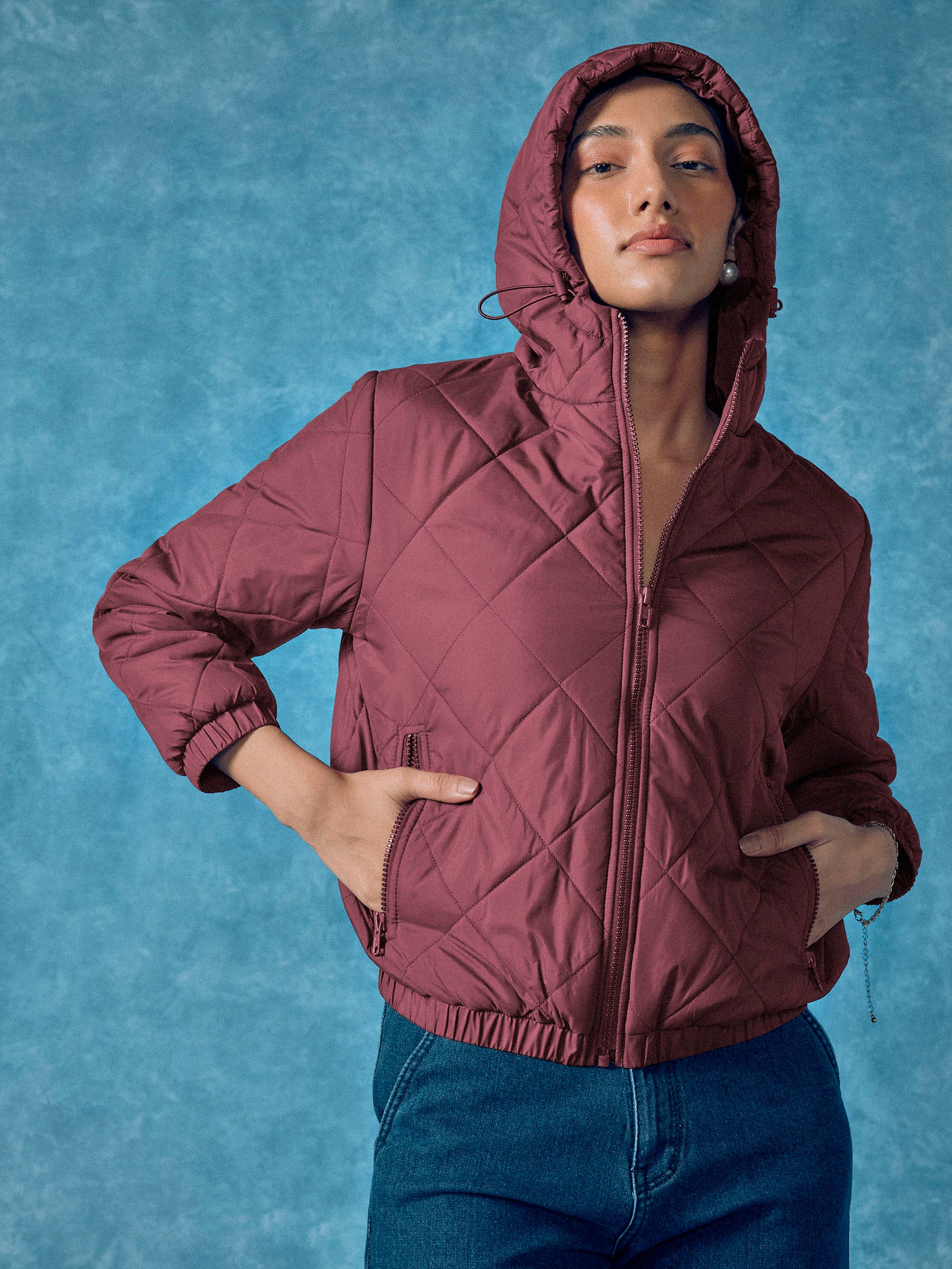 Wine Quilted Hooded Puffer Jacket