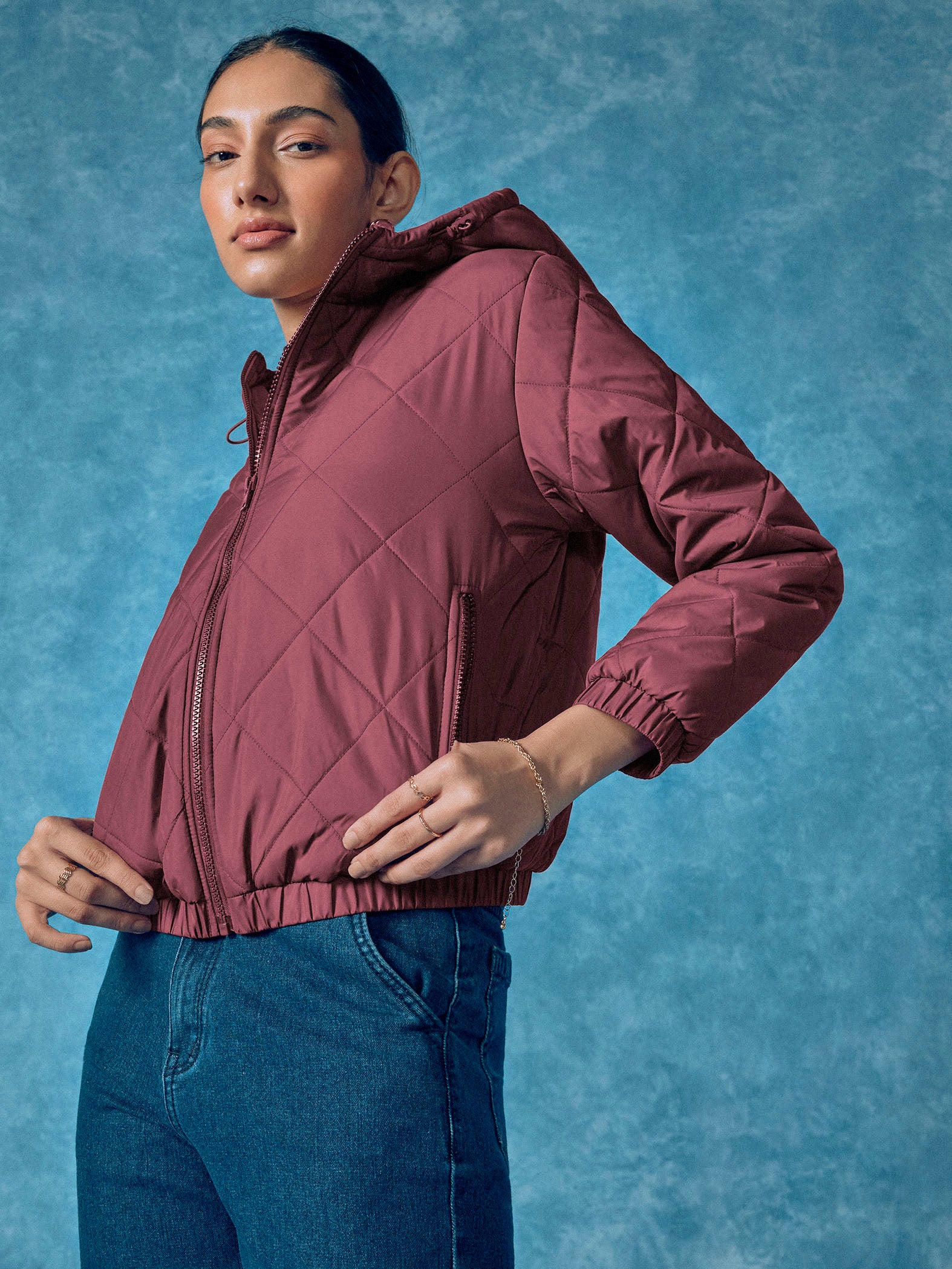 Wine Quilted Hooded Puffer Jacket