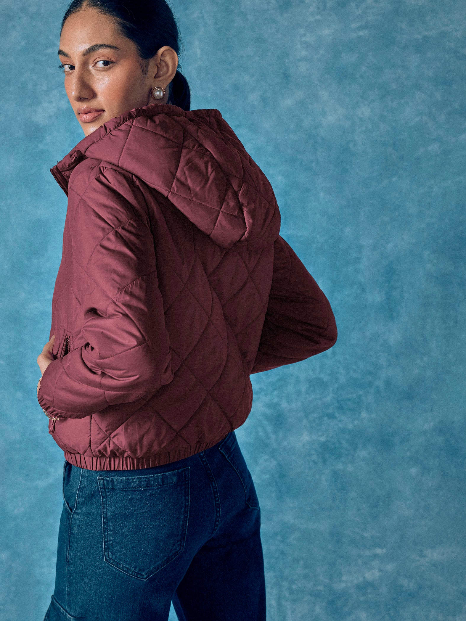 Wine Quilted Hooded Puffer Jacket