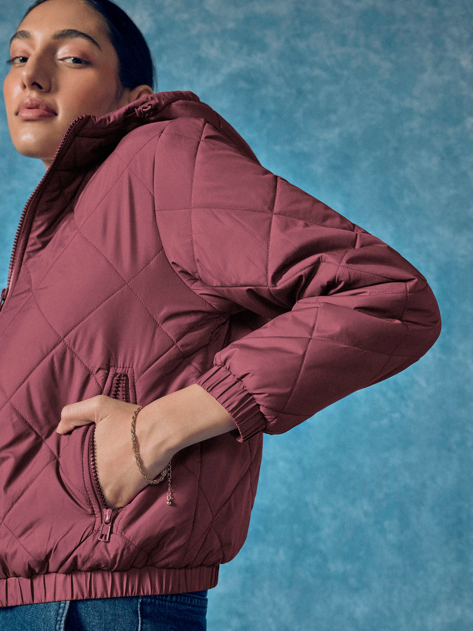 Wine Quilted Hooded Puffer Jacket