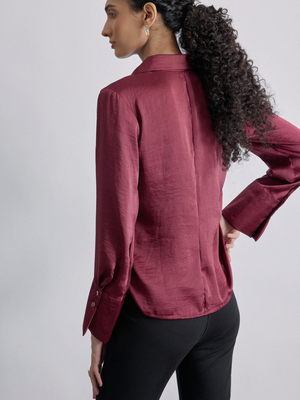 Wine Satin Side Ruched Shirt