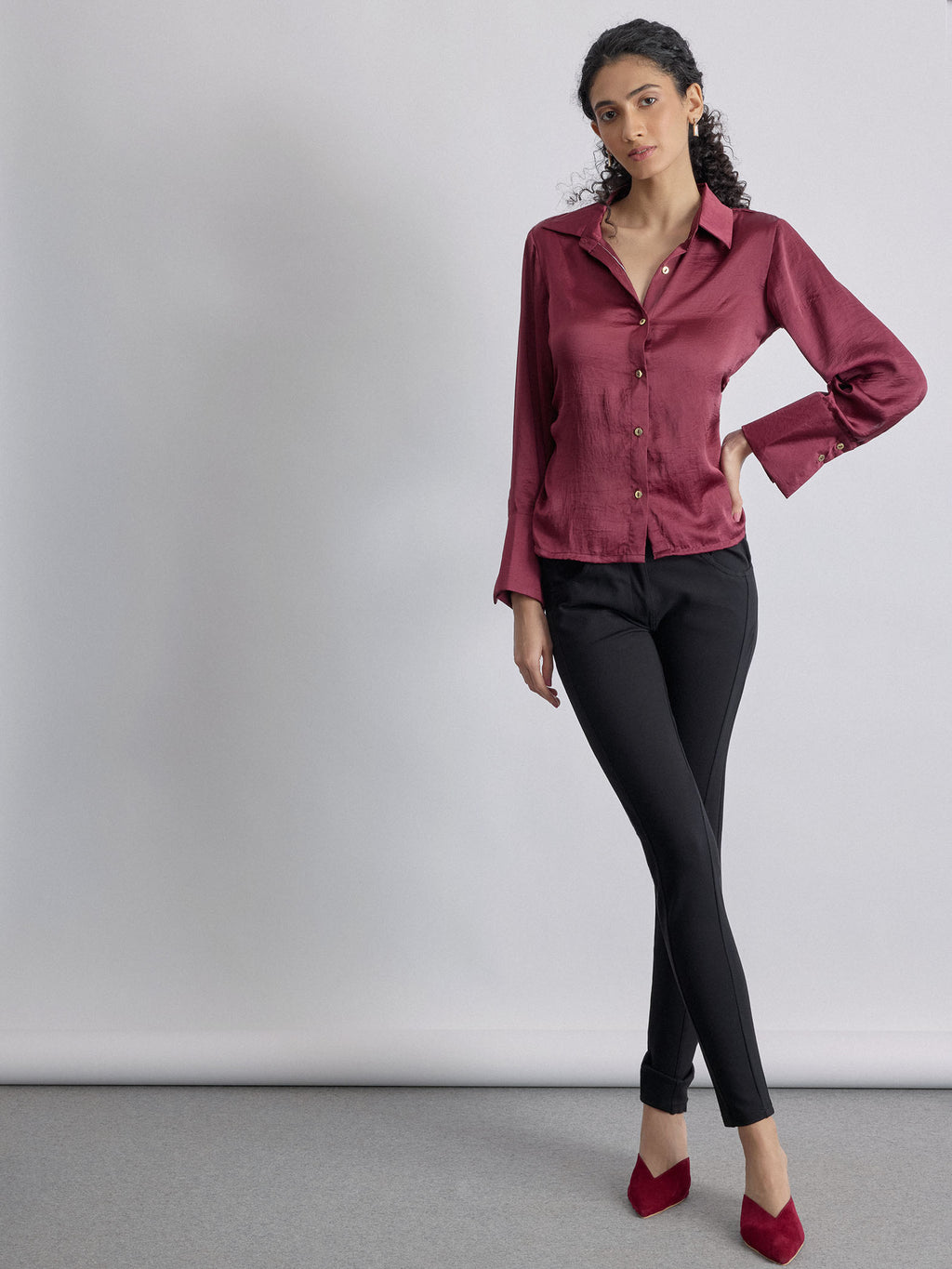 Wine Satin Side Ruched Shirt