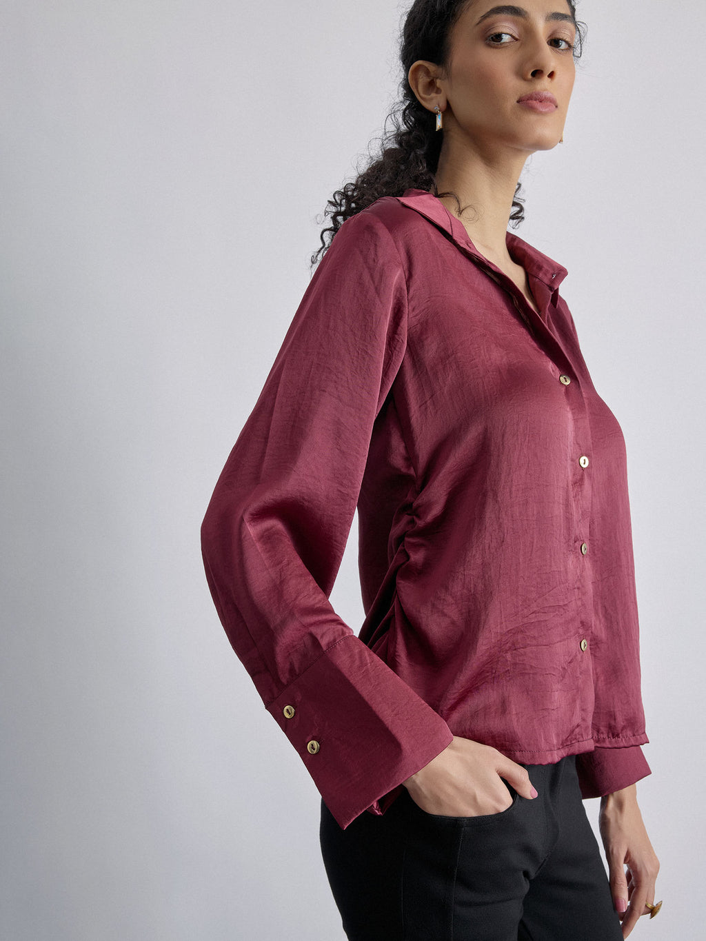 Wine Satin Side Ruched Shirt