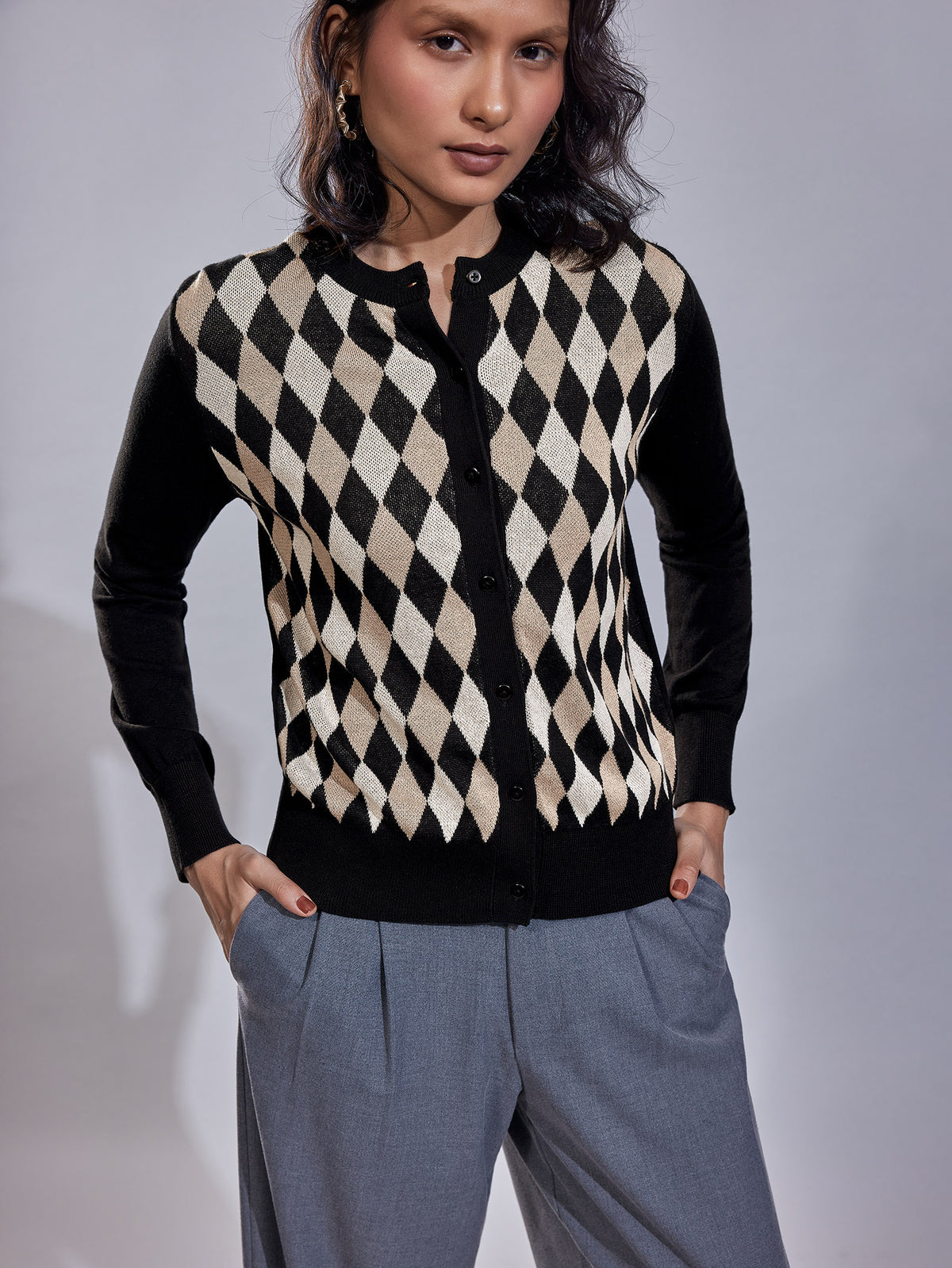 Argyle Round Neck Cardigan
