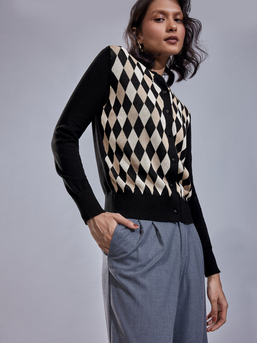 Argyle Round Neck Cardigan