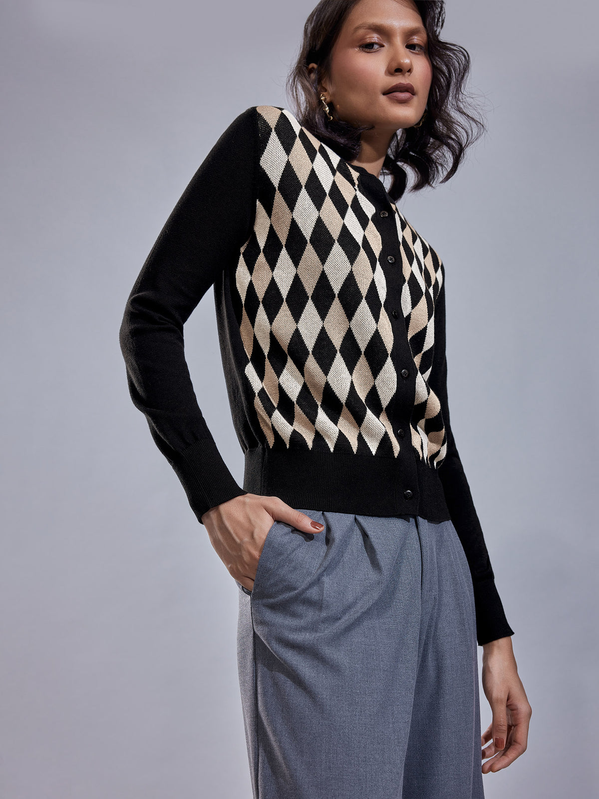 Argyle Round Neck Cardigan