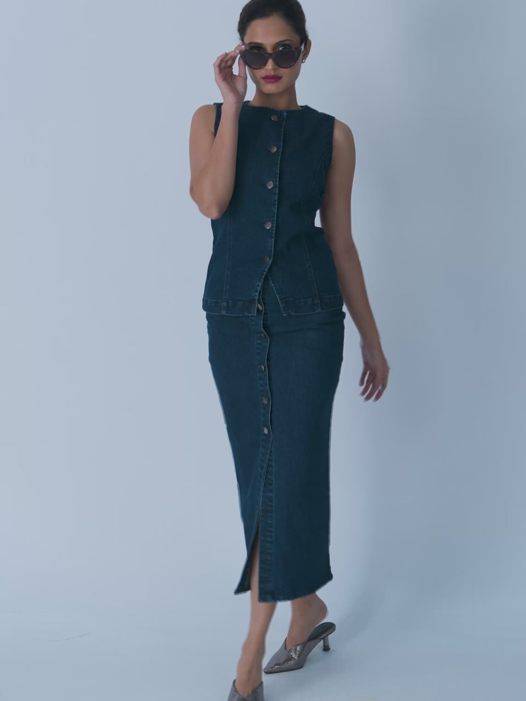 Denim Buttoned Front Slit Skirt