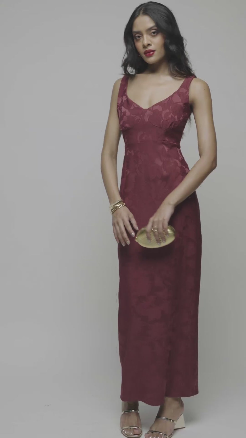 Wine Jacquard Bustier Maxi Dress