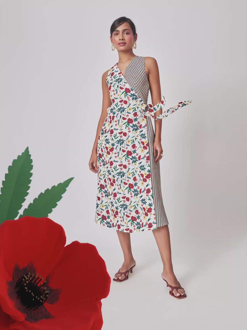 Meadow Print Stripe Detail Wrap Dress