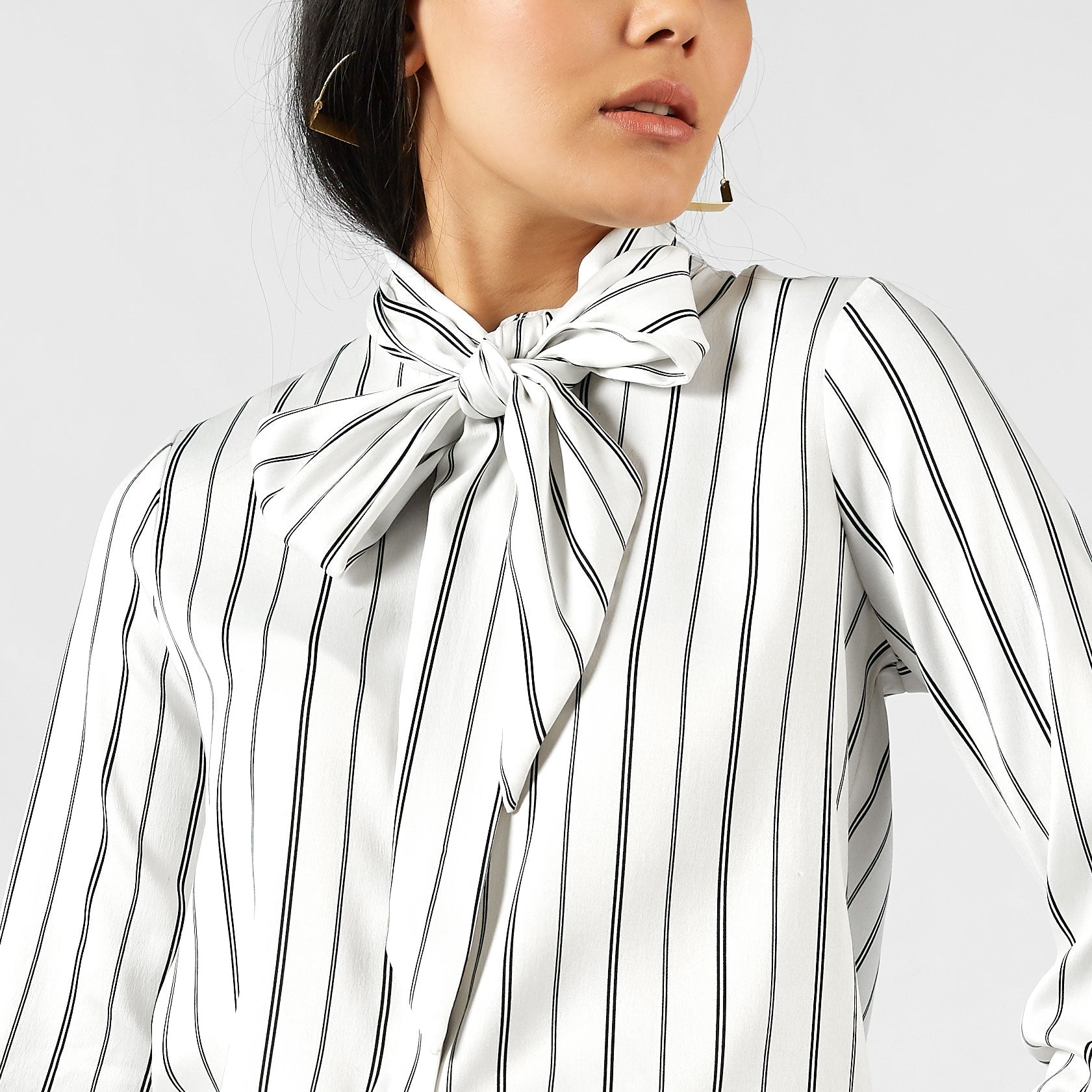 Monochrome Striped Pussy Bow Shirt