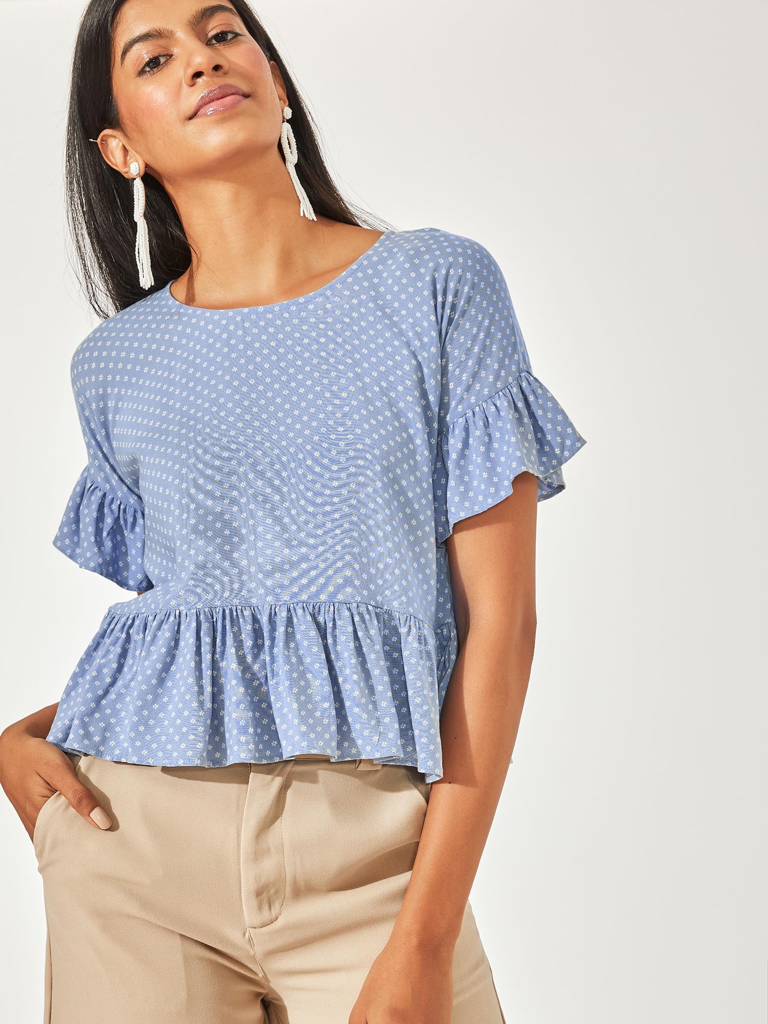 Aqua Polka Ruffle Top